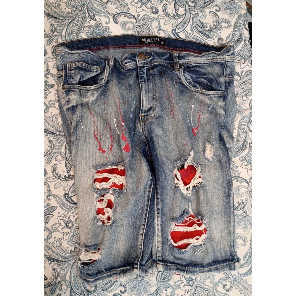 Arketype Jeans Shorts Men's 40 Denim Distressed Acid Wash Red Patch Streetwear